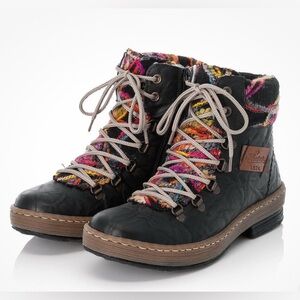 Rieker women’s black ankle lace up boots faux leather multicolor wool trim 40